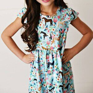Western Horse Flutter Sleeve Spring Girls Dress